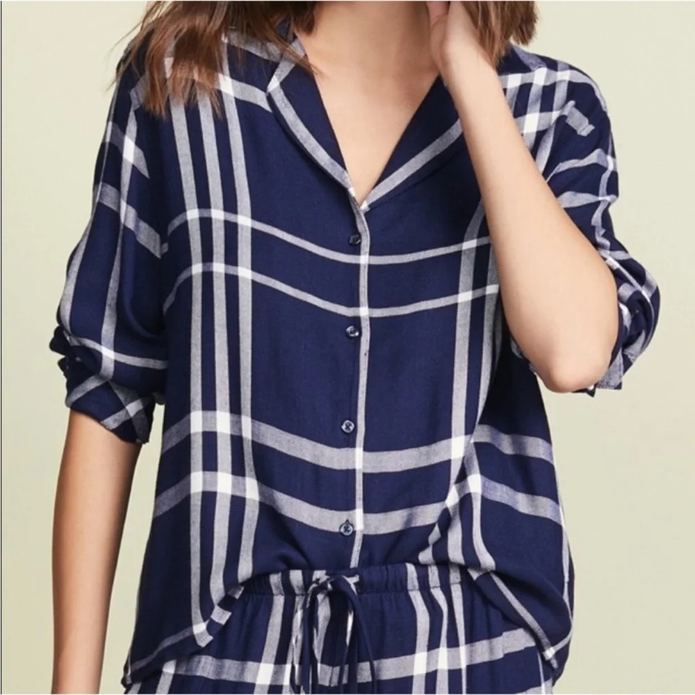 Rails Long Sleeve Trouser Pajama Top Shirt Navy Blue White Plaid Flannel XS